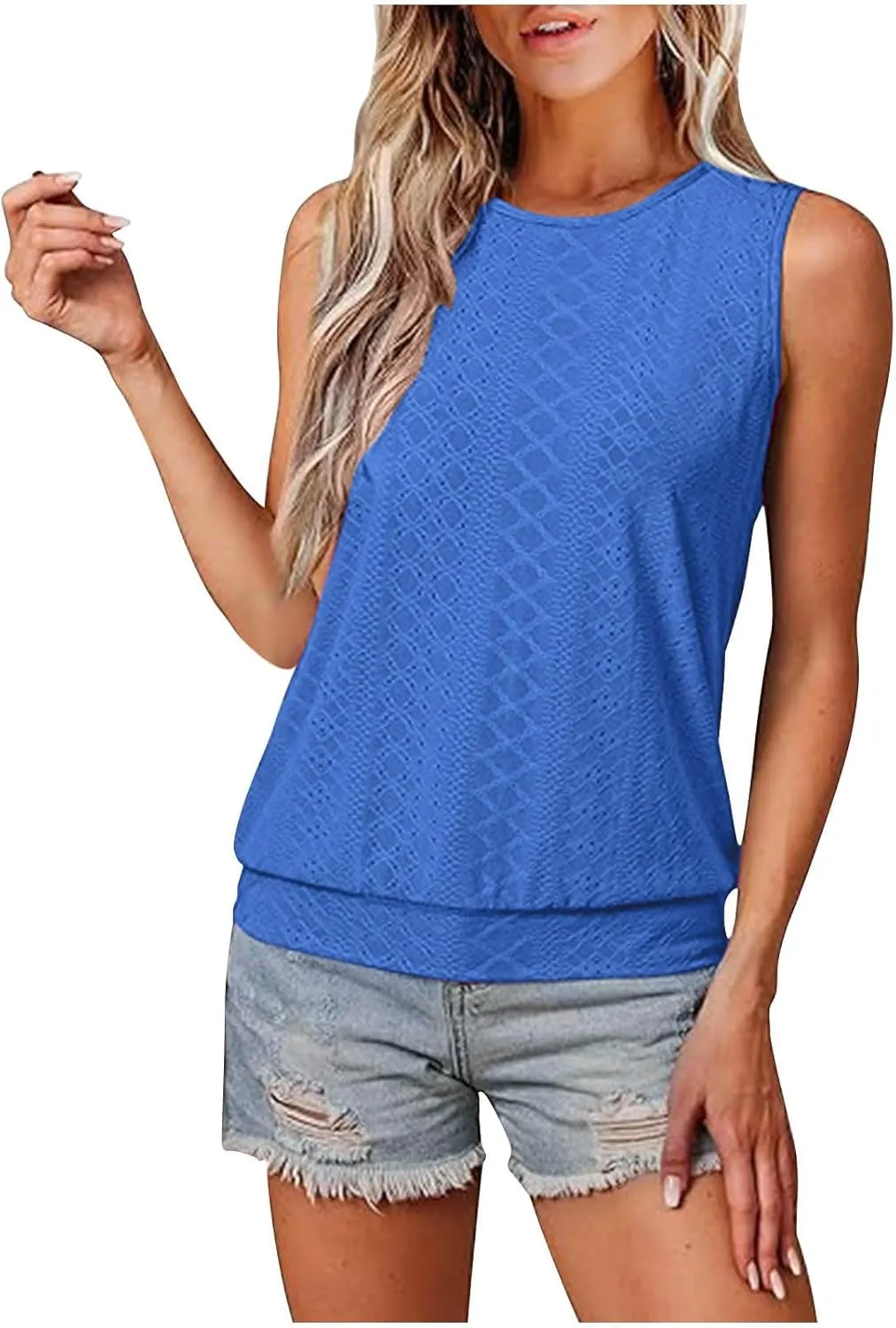 Women Eyelet Blouson Tank Tops Crewneck Dressy Casual Camisole Summer Loose Sleeveless Blouses Shirts
