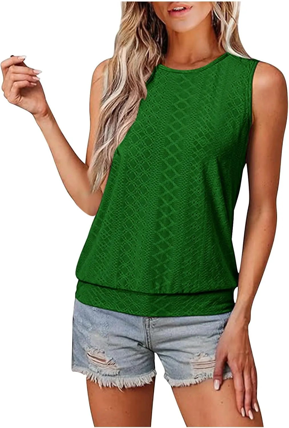 Women Eyelet Blouson Tank Tops Crewneck Dressy Casual Camisole Summer Loose Sleeveless Blouses Shirts