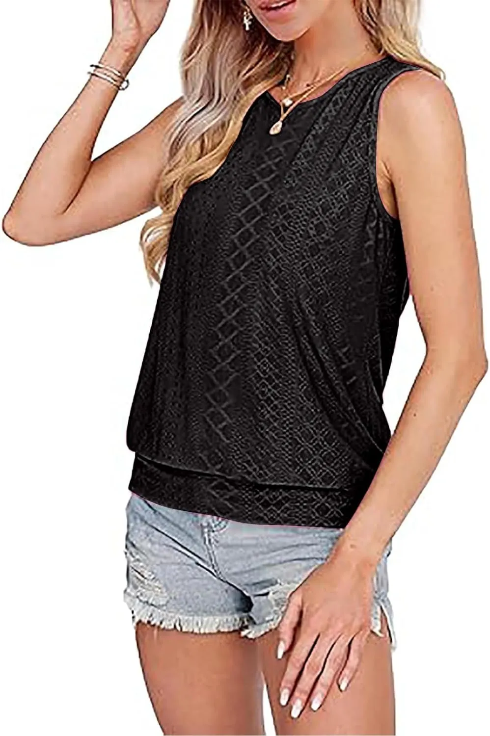 Women Eyelet Blouson Tank Tops Crewneck Dressy Casual Camisole Summer Loose Sleeveless Blouses Shirts