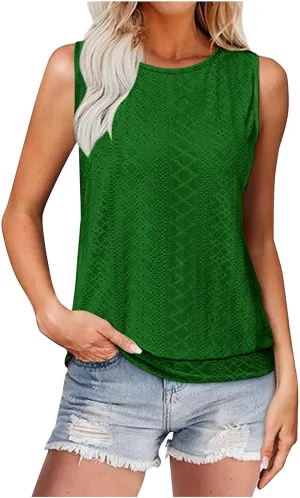 Women Eyelet Blouson Tank Tops Crewneck Dressy Casual Camisole Summer Loose Sleeveless Blouses Shirts