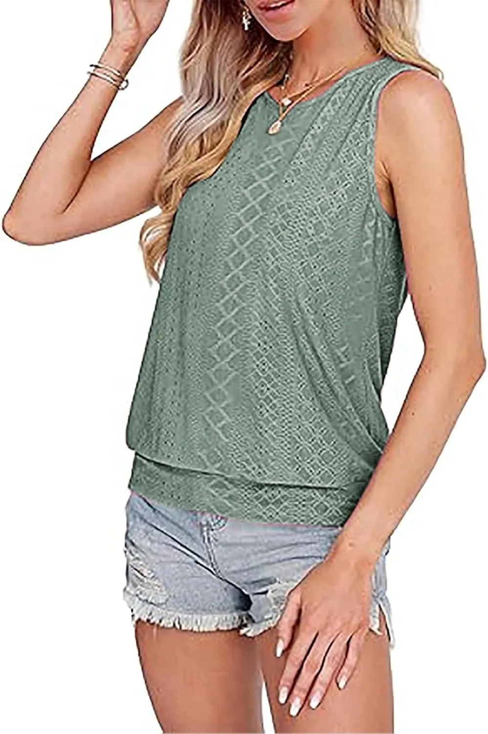 Women Eyelet Blouson Tank Tops Crewneck Dressy Casual Camisole Summer Loose Sleeveless Blouses Shirts