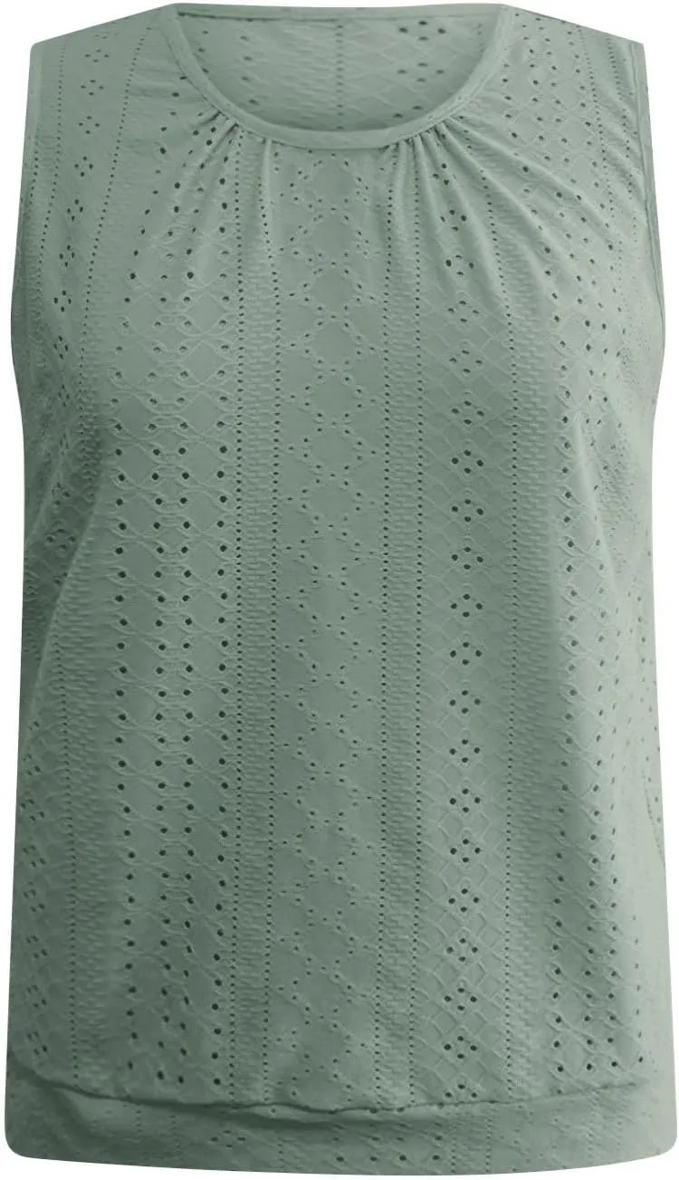 Women Eyelet Blouson Tank Tops Crewneck Dressy Casual Camisole Summer Loose Sleeveless Blouses Shirts