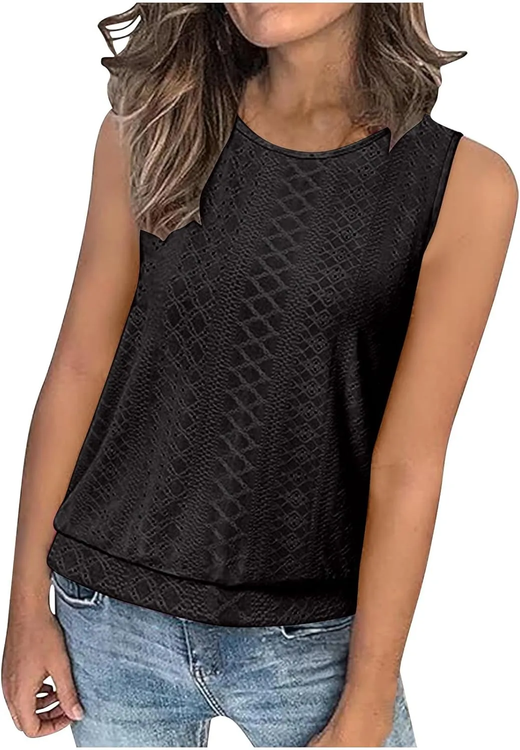 Women Eyelet Blouson Tank Tops Crewneck Dressy Casual Camisole Summer Loose Sleeveless Blouses Shirts
