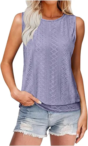 Women Eyelet Blouson Tank Tops Crewneck Dressy Casual Camisole Summer Loose Sleeveless Blouses Shirts
