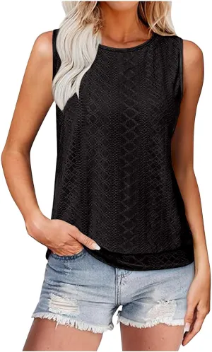 Women Eyelet Blouson Tank Tops Crewneck Dressy Casual Camisole Summer Loose Sleeveless Blouses Shirts