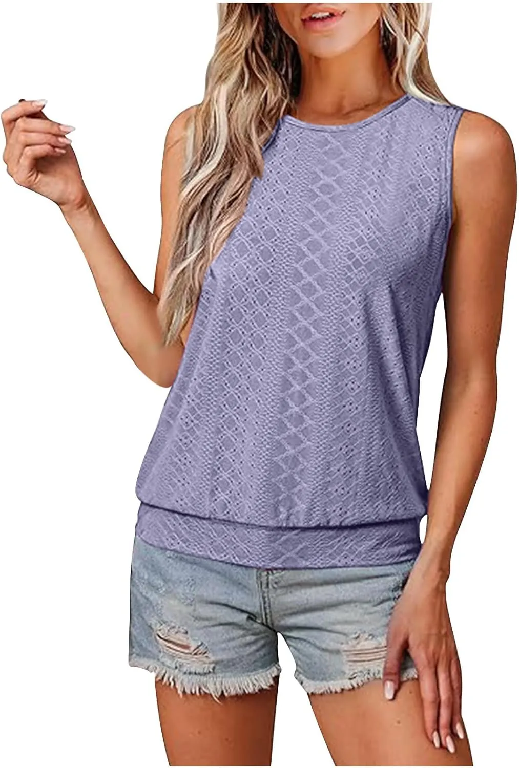 Women Eyelet Blouson Tank Tops Crewneck Dressy Casual Camisole Summer Loose Sleeveless Blouses Shirts