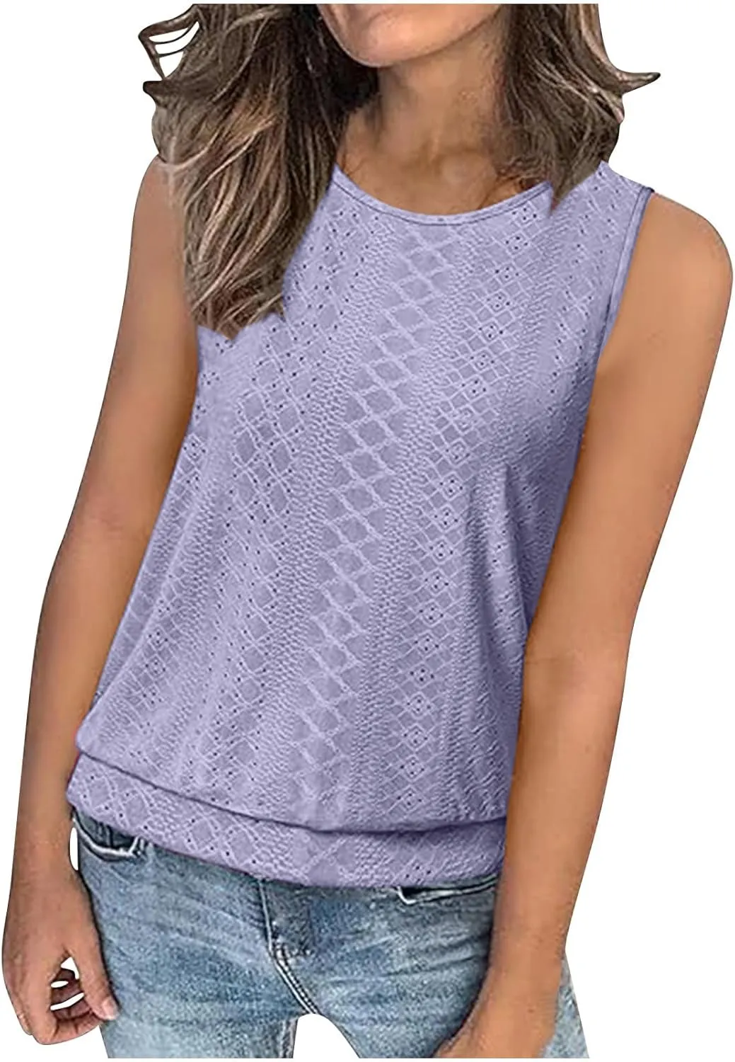 Women Eyelet Blouson Tank Tops Crewneck Dressy Casual Camisole Summer Loose Sleeveless Blouses Shirts