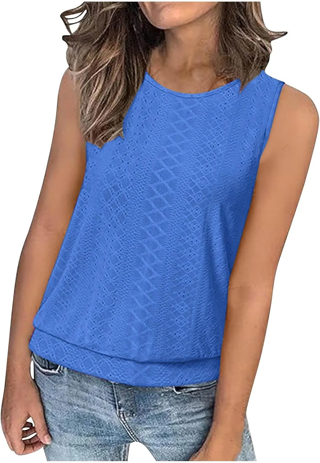 Women Eyelet Blouson Tank Tops Crewneck Dressy Casual Camisole Summer Loose Sleeveless Blouses Shirts