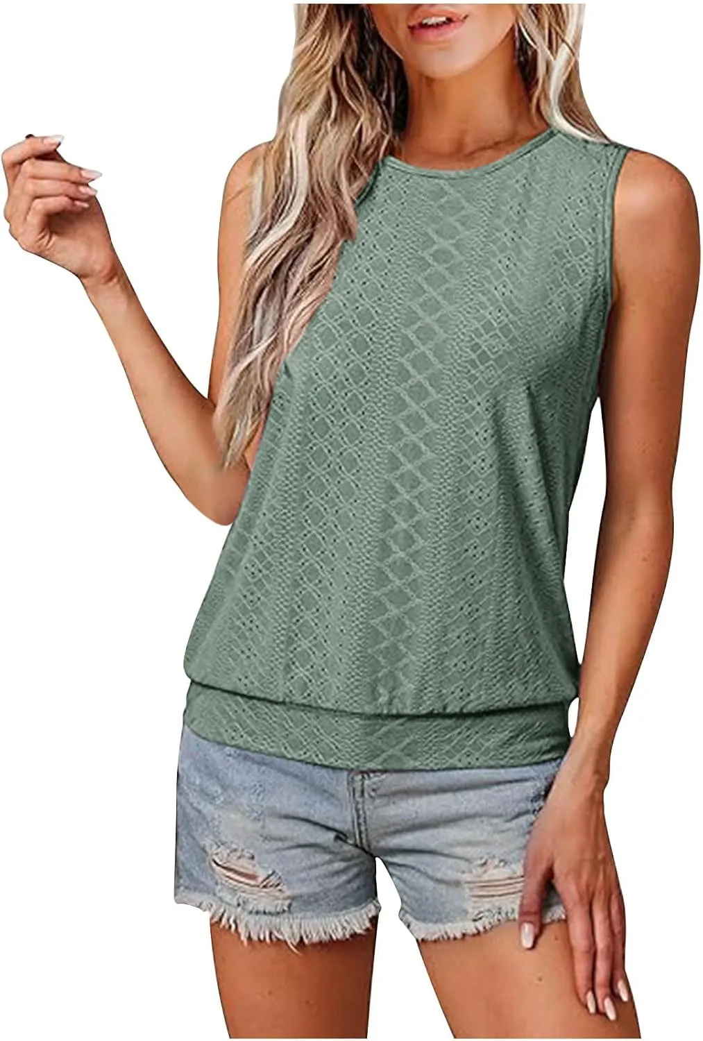Women Eyelet Blouson Tank Tops Crewneck Dressy Casual Camisole Summer Loose Sleeveless Blouses Shirts