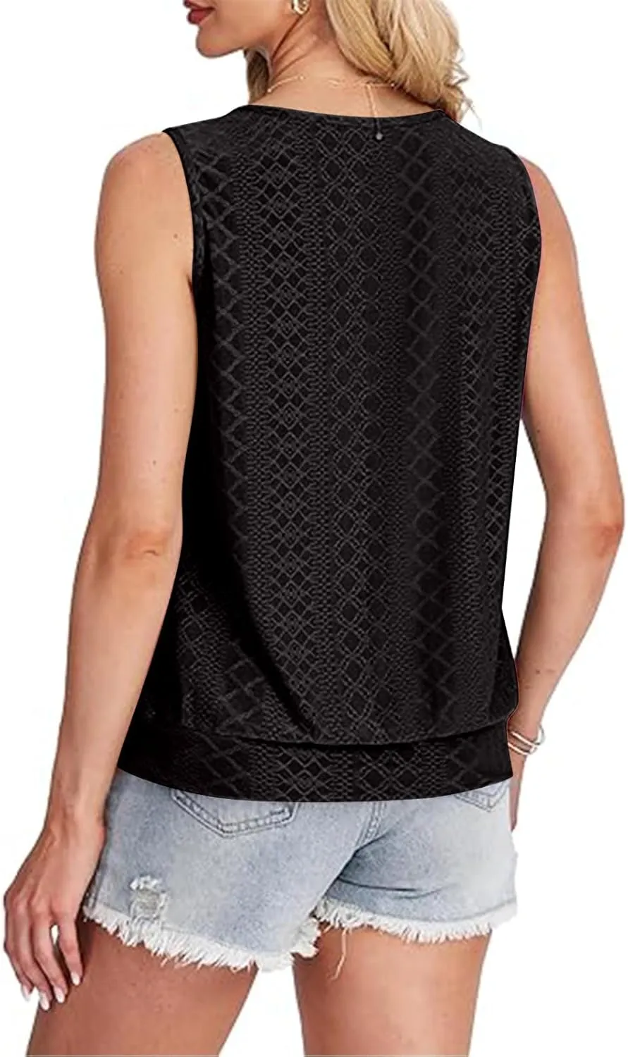 Women Eyelet Blouson Tank Tops Crewneck Dressy Casual Camisole Summer Loose Sleeveless Blouses Shirts