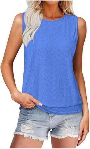 Women Eyelet Blouson Tank Tops Crewneck Dressy Casual Camisole Summer Loose Sleeveless Blouses Shirts