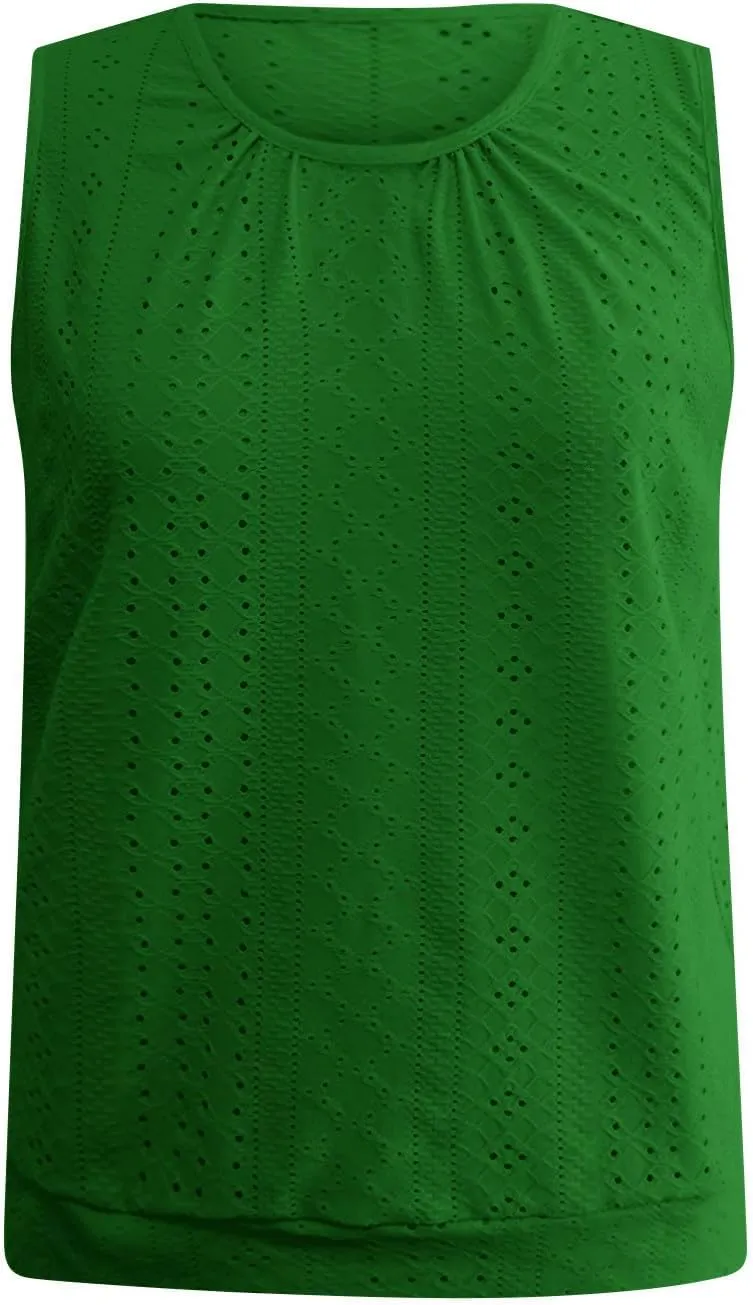 Women Eyelet Blouson Tank Tops Crewneck Dressy Casual Camisole Summer Loose Sleeveless Blouses Shirts