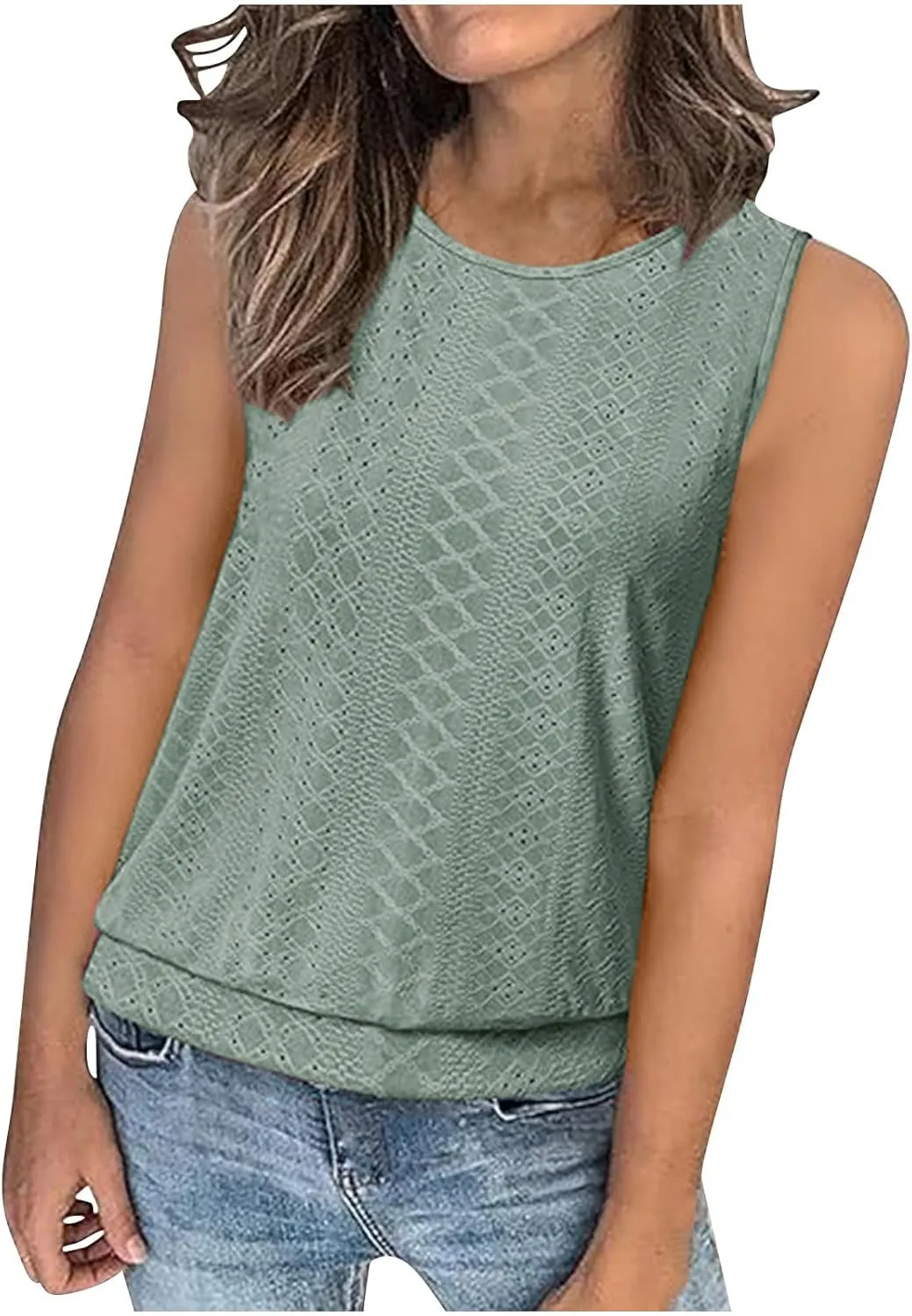 Women Eyelet Blouson Tank Tops Crewneck Dressy Casual Camisole Summer Loose Sleeveless Blouses Shirts
