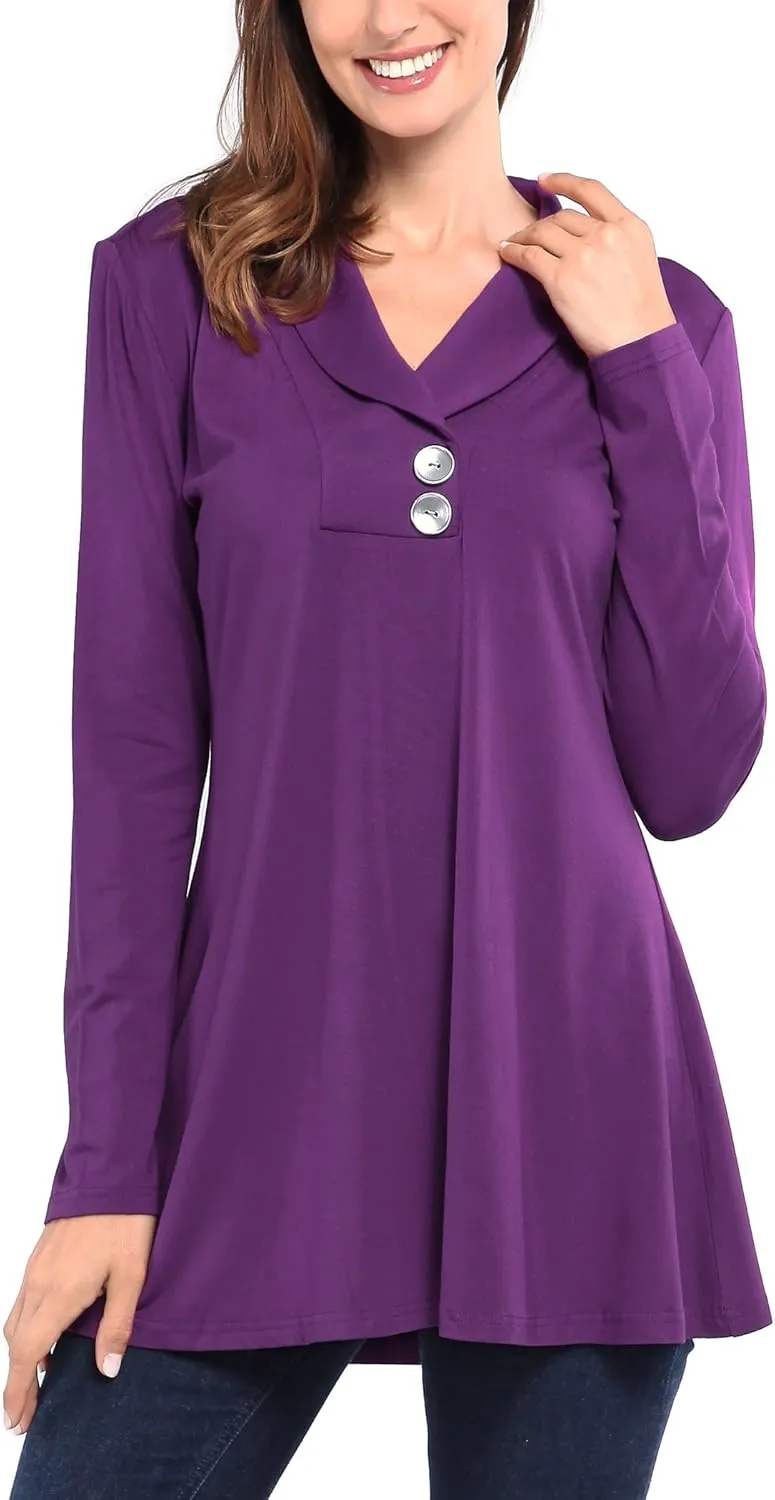 Women Fall Long Sleeve Tops Shawl Neck Button Down Dressy Blouses Shirts