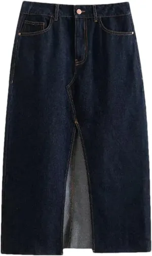 Women Fashion Front Button Denim Waistcoat And High Waist Front Slit Midi Skirt Two Piece Sets