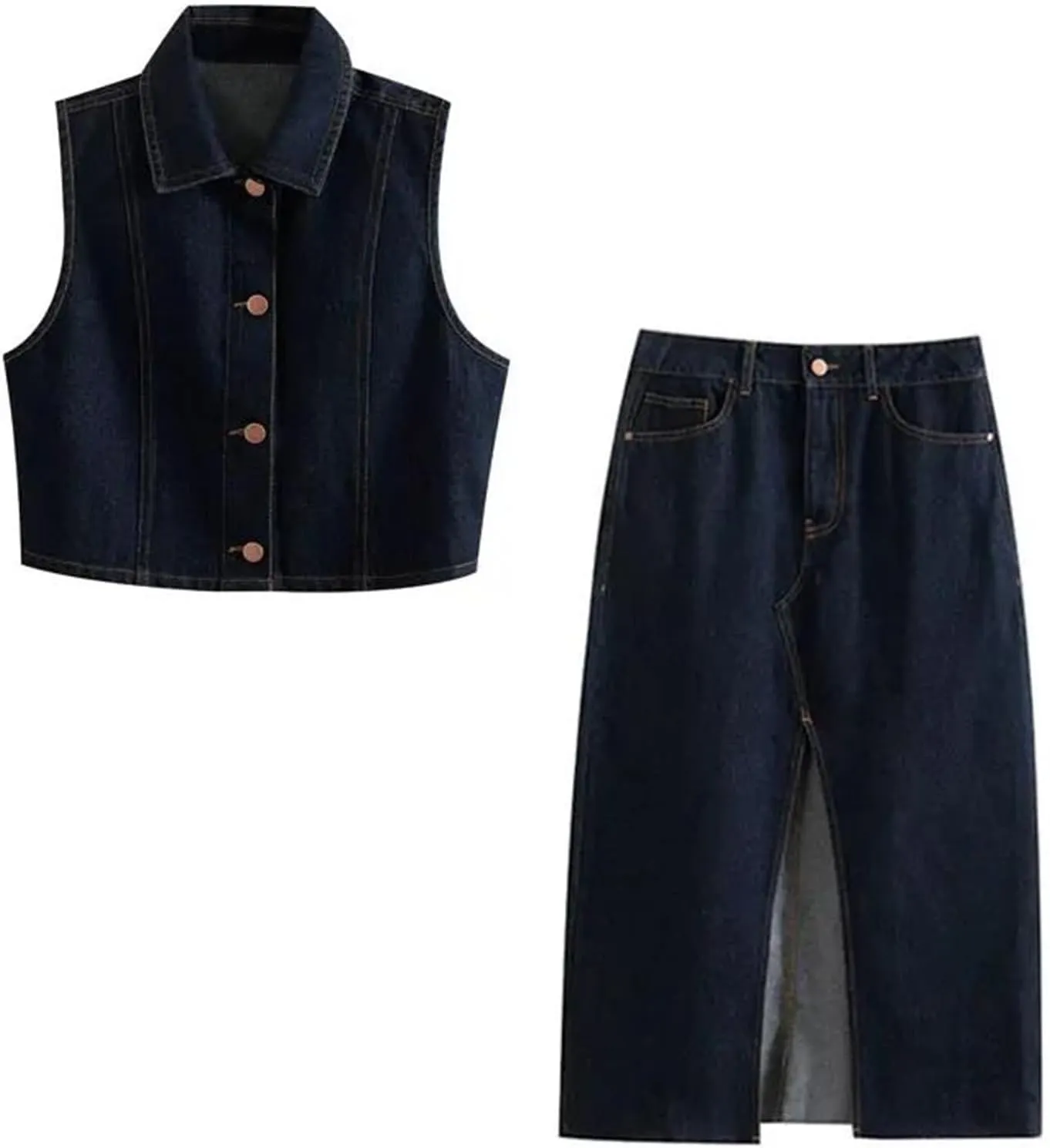 Women Fashion Front Button Denim Waistcoat And High Waist Front Slit Midi Skirt Two Piece Sets