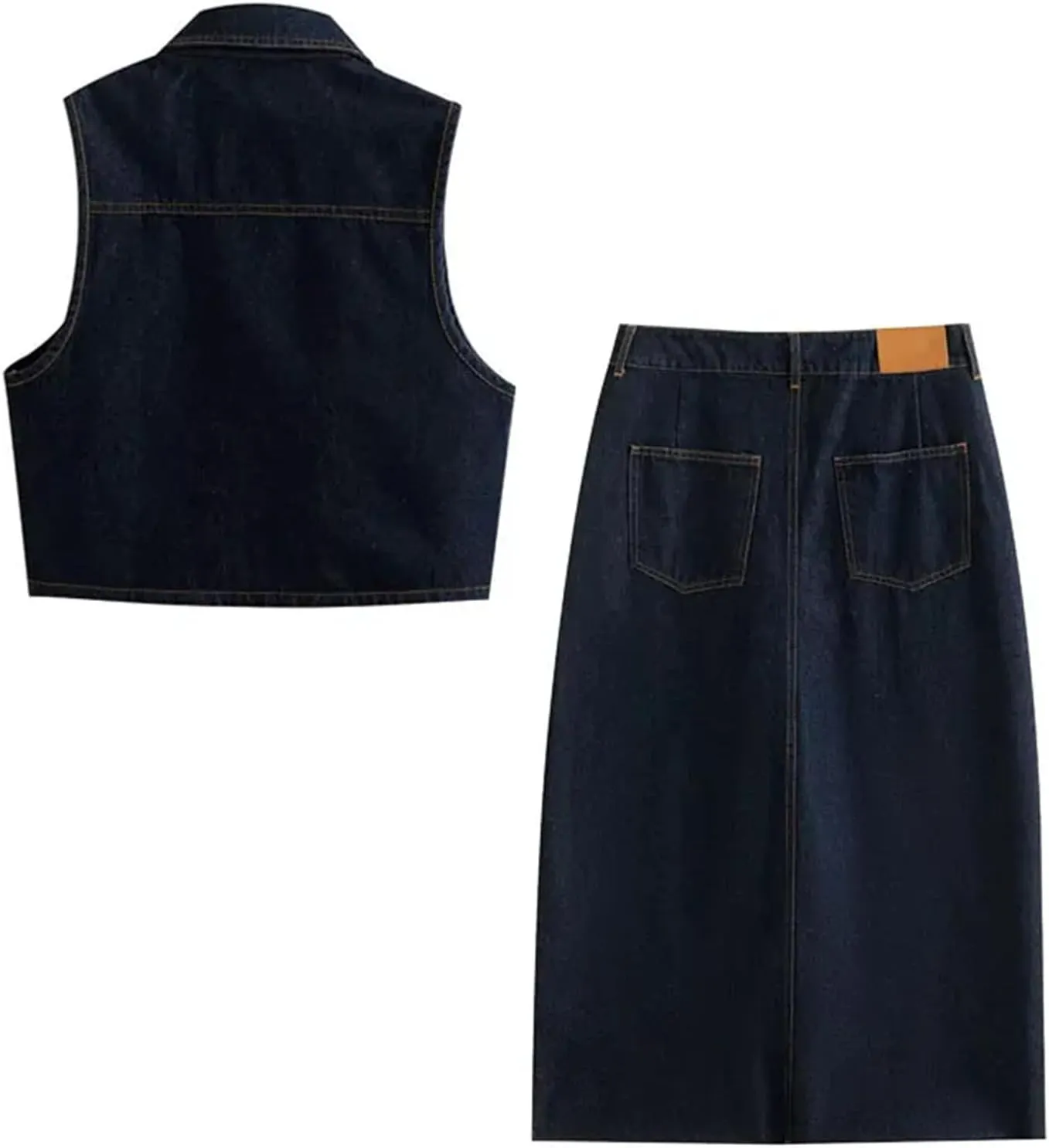 Women Fashion Front Button Denim Waistcoat And High Waist Front Slit Midi Skirt Two Piece Sets