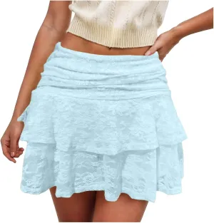 Women Lace Skirts Y2k Low Waist Flowy Skirts Layered Pleated Ruffle Mini Skirt Streetwear