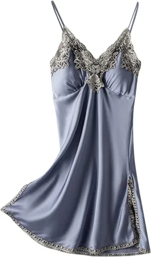 Women Lacy Trim Babydoll Lingerie Sexy Deep V Neck Chemise Nightgown Satin Pajamas Silk Slip Dress Negligee Nightie