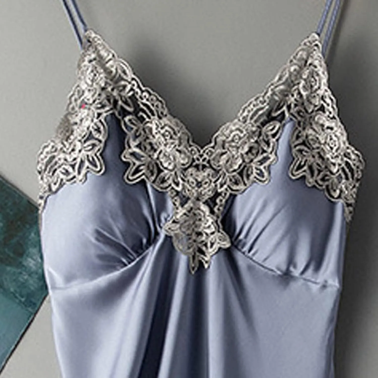 Women Lacy Trim Babydoll Lingerie Sexy Deep V Neck Chemise Nightgown Satin Pajamas Silk Slip Dress Negligee Nightie