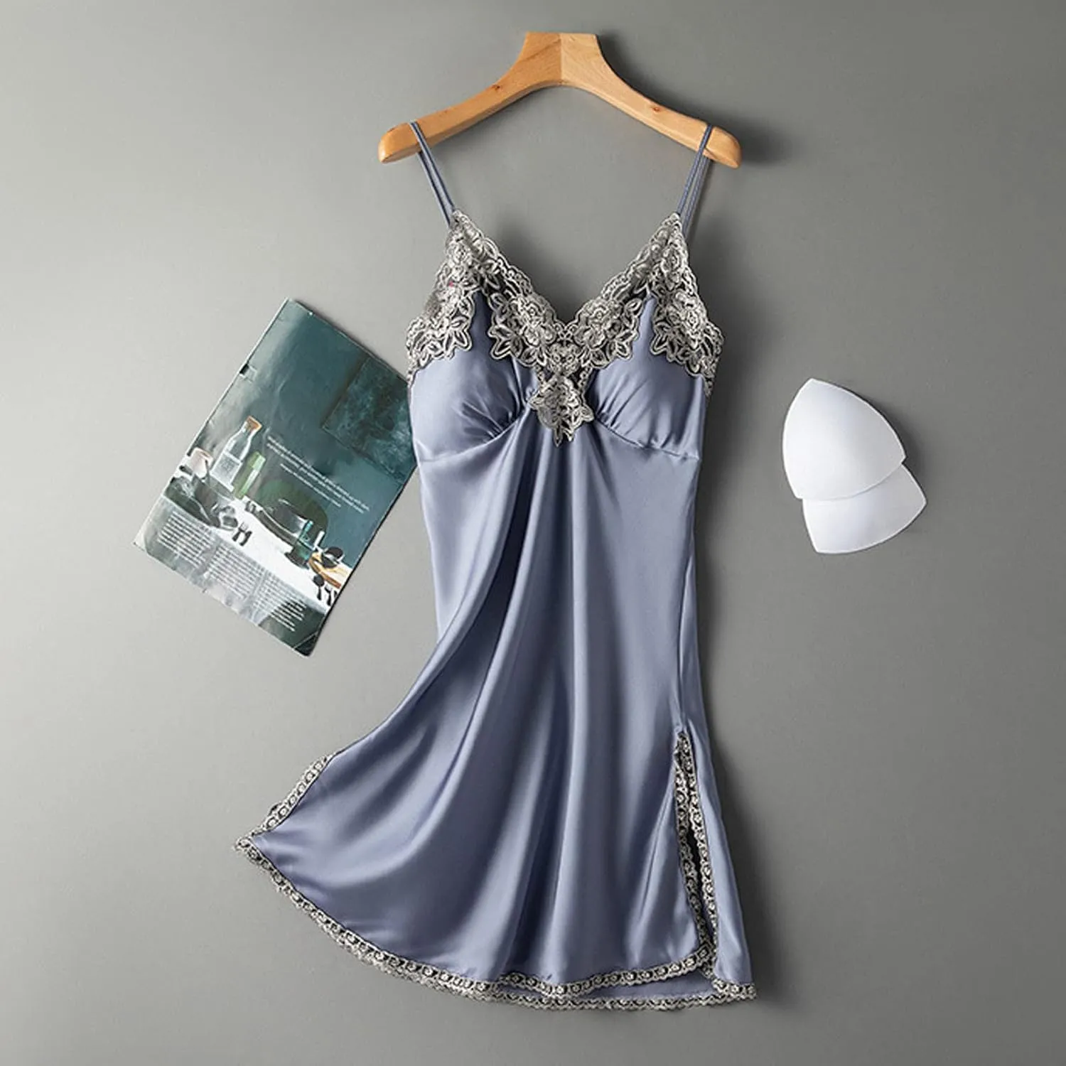 Women Lacy Trim Babydoll Lingerie Sexy Deep V Neck Chemise Nightgown Satin Pajamas Silk Slip Dress Negligee Nightie