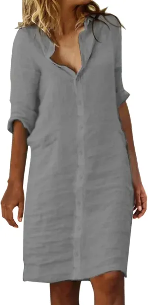 Women Linen Dress Loose Flowy Half Sleeve Button Down Resort Dresses Homecoming Solid Cruise Outfits for Women 2025