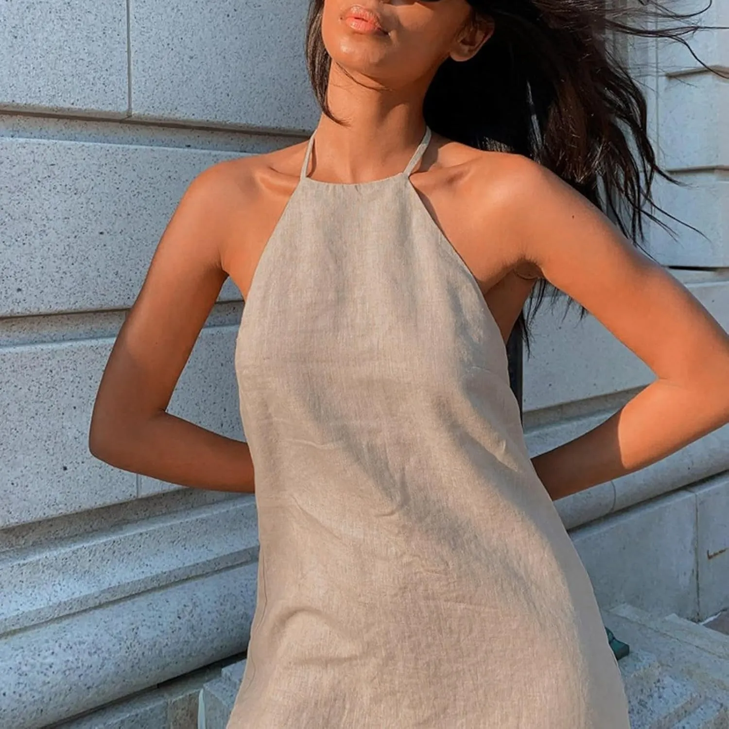Women Linen Dress Vacation Back Hollow Out Sleeveless Halter Neck Mini Dresses Beach Party Rave Outfits Club Sundresses