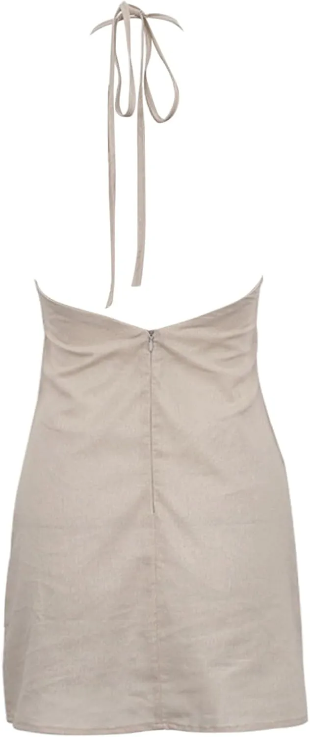 Women Linen Dress Vacation Back Hollow Out Sleeveless Halter Neck Mini Dresses Beach Party Rave Outfits Club Sundresses