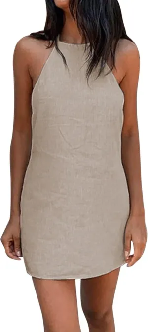 Women Linen Dress Vacation Back Hollow Out Sleeveless Halter Neck Mini Dresses Beach Party Rave Outfits Club Sundresses