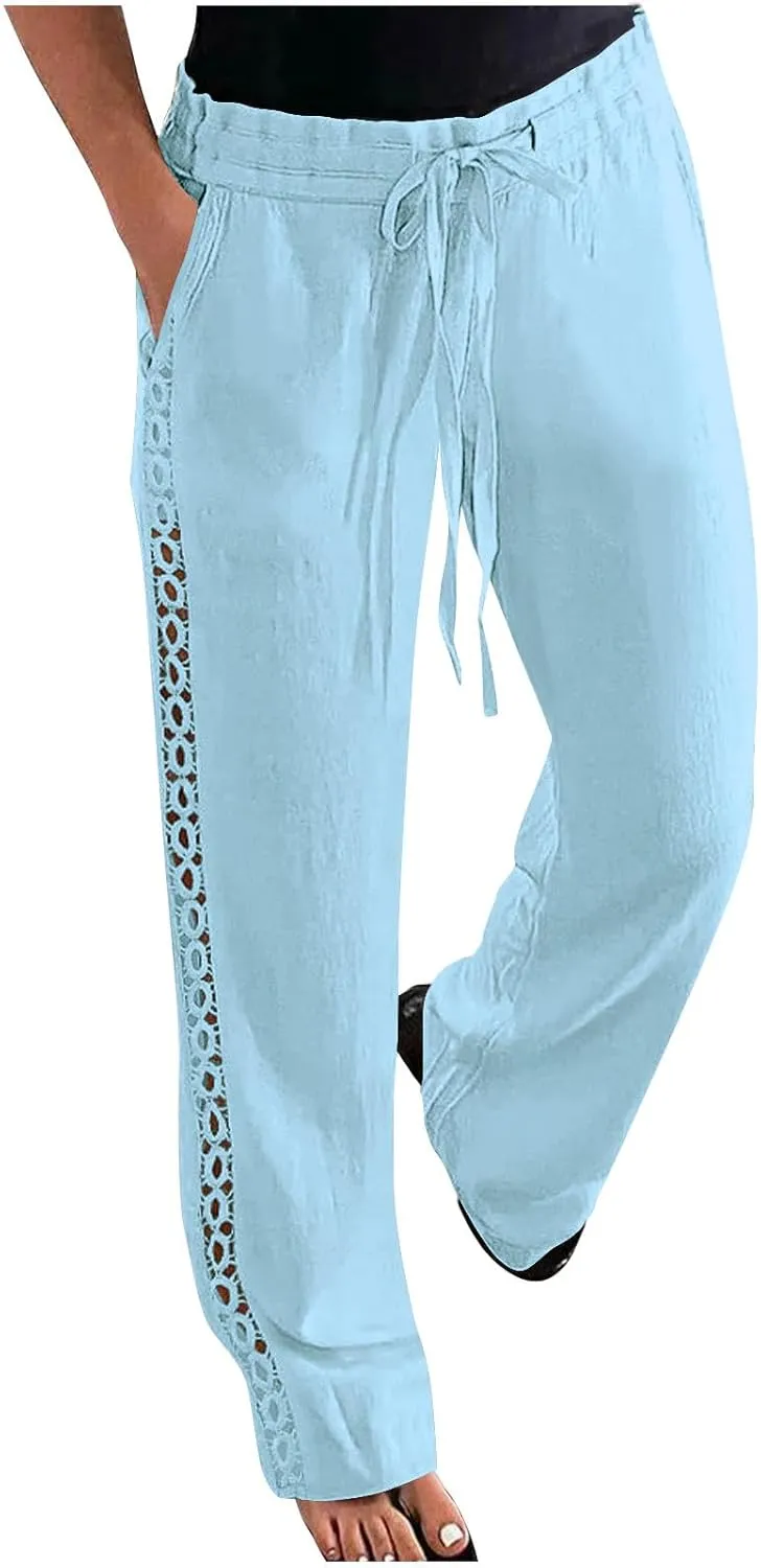 Women Linen Pants Joggers Casual Lightweight Lounge Pants Cotton Linen Travel Beach Summer Trousers with Pockets 2025