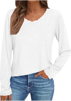 Women Long Sleeve T Shirts Fashion Lace Trim V Neck Tops Comfy Basic Tee Casual Lightweight Loose Plain Pullover Blouse