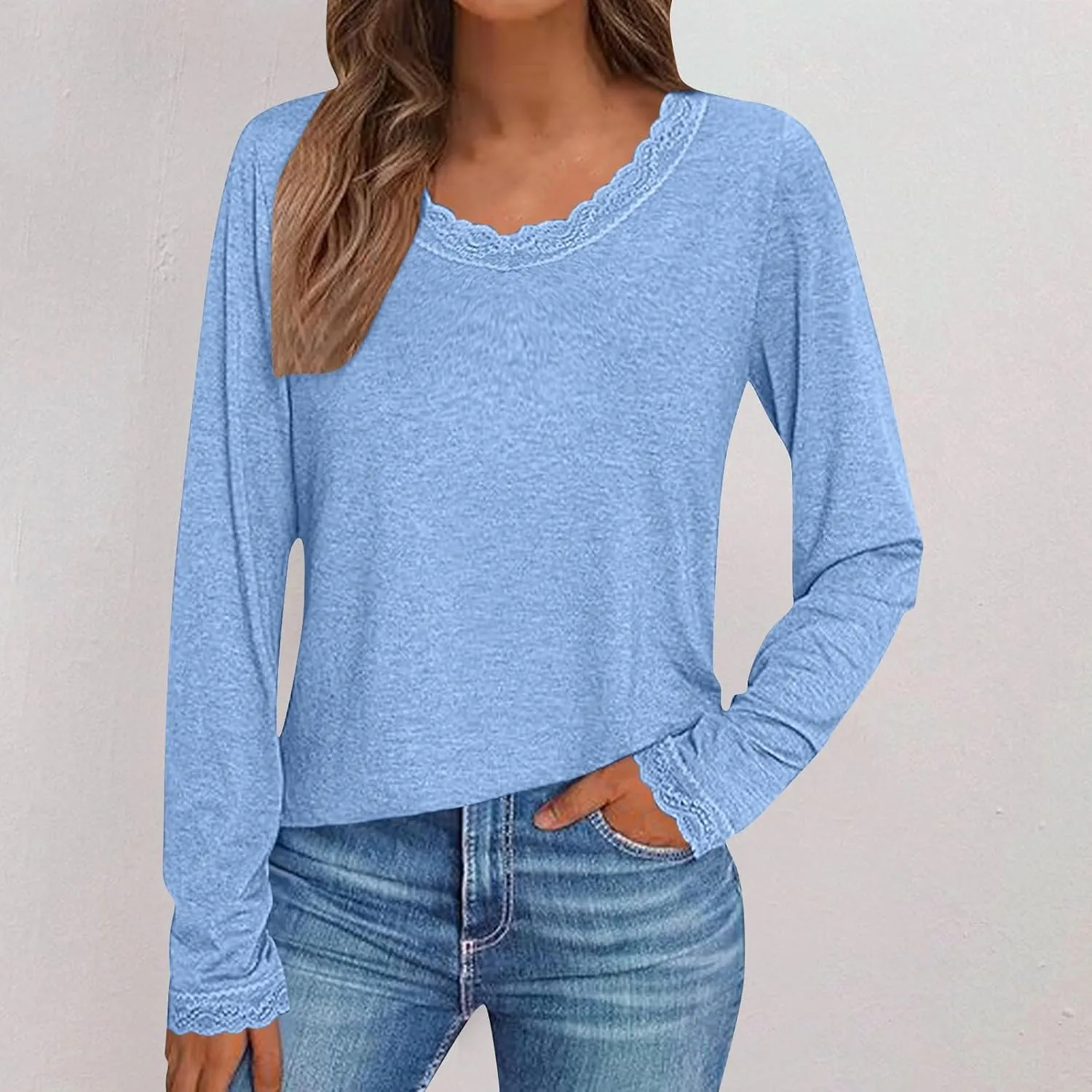Women Long Sleeve T Shirts Fashion Lace Trim V Neck Tops Comfy Basic Tee Casual Lightweight Loose Plain Pullover Blouse