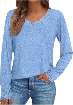 Women Long Sleeve T Shirts Fashion Lace Trim V Neck Tops Comfy Basic Tee Casual Lightweight Loose Plain Pullover Blouse