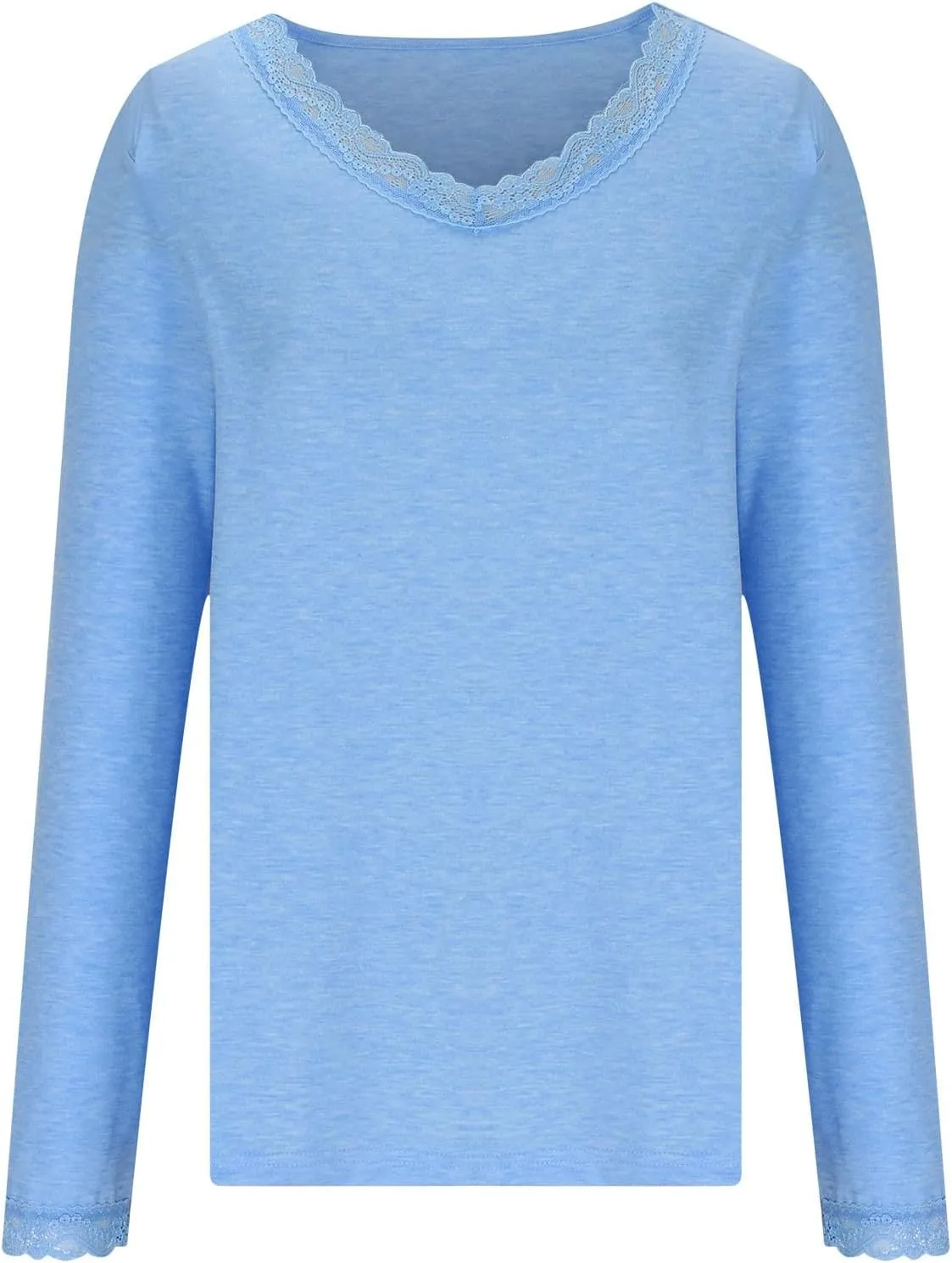 Women Long Sleeve T Shirts Fashion Lace Trim V Neck Tops Comfy Basic Tee Casual Lightweight Loose Plain Pullover Blouse