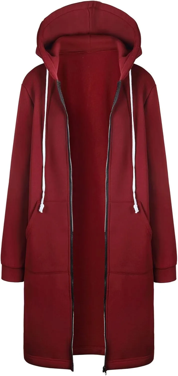 Women Long Sweatshirt Solid Color Full Zip Fleece Plush Hoodies Pullover Loose Fit Casual Clothes Fall Winter Shirts