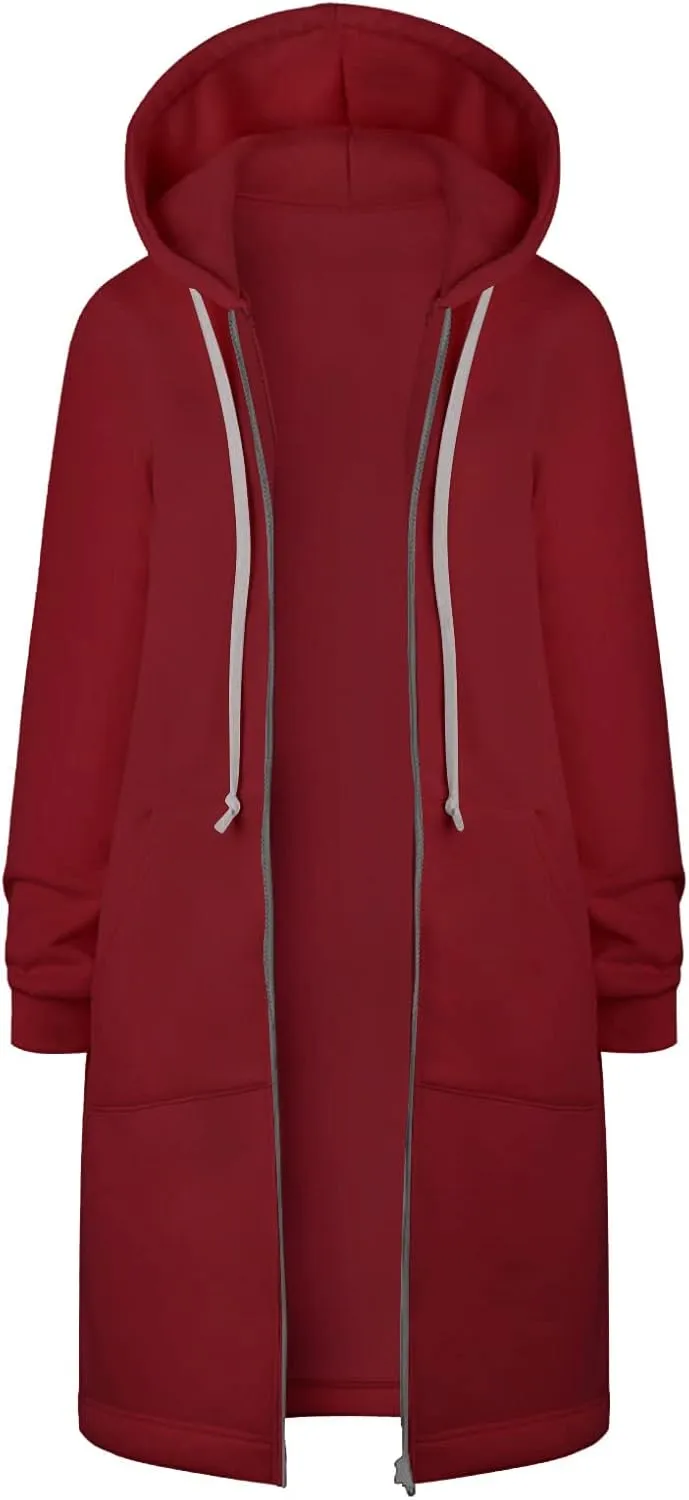 Women Long Sweatshirt Solid Color Full Zip Fleece Plush Hoodies Pullover Loose Fit Casual Clothes Fall Winter Shirts