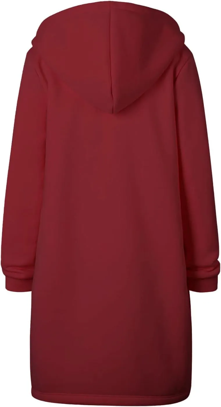Women Long Sweatshirt Solid Color Full Zip Fleece Plush Hoodies Pullover Loose Fit Casual Clothes Fall Winter Shirts