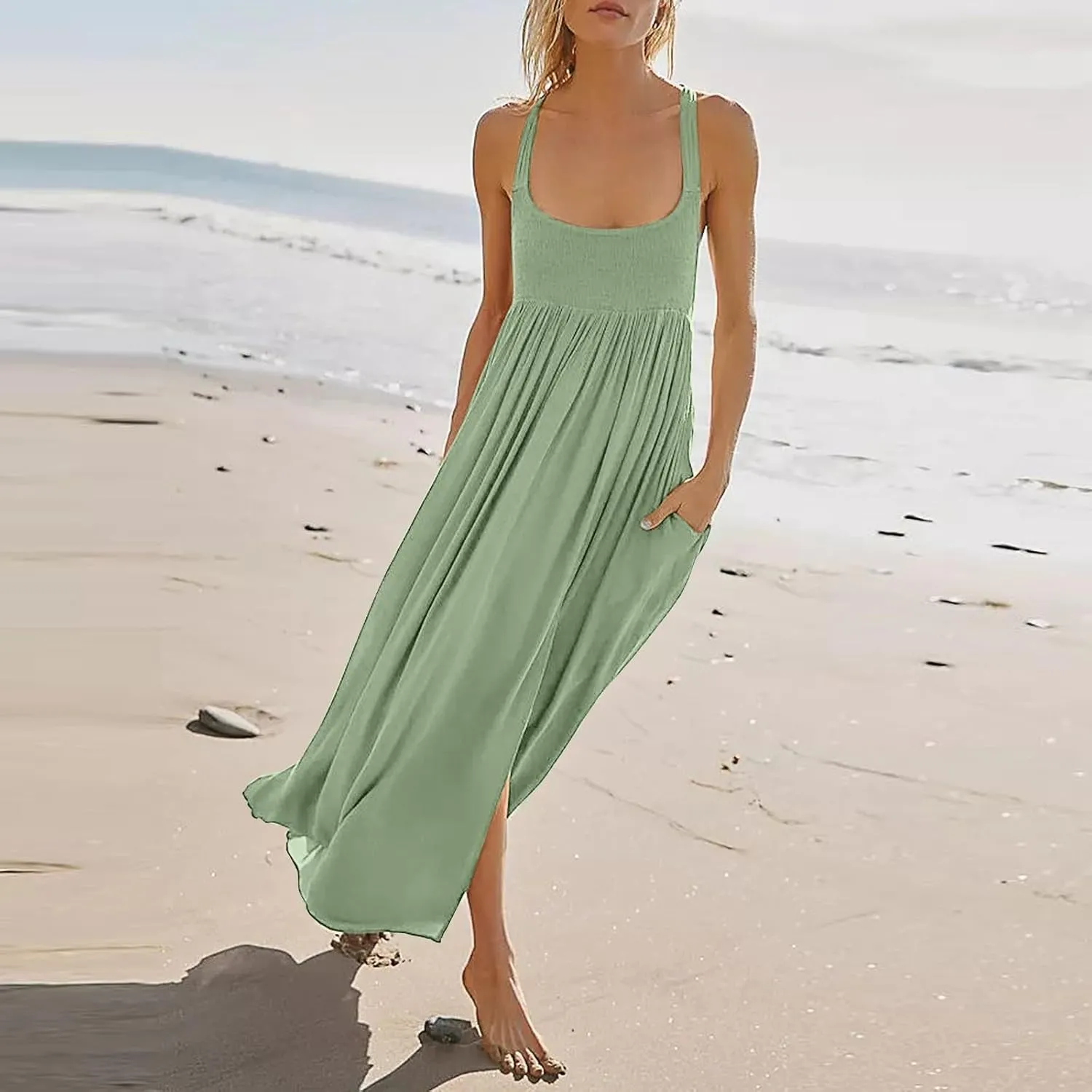 Women Loose Fit Flowy Spaghetti Strap Summer Casual Sleeveless Dress Flowy Long Maxi Beach Vacation Dresses Pockets