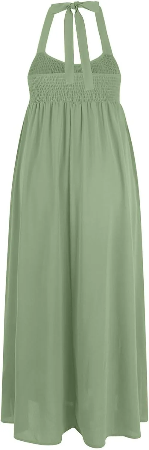 Women Loose Fit Flowy Spaghetti Strap Summer Casual Sleeveless Dress Flowy Long Maxi Beach Vacation Dresses Pockets