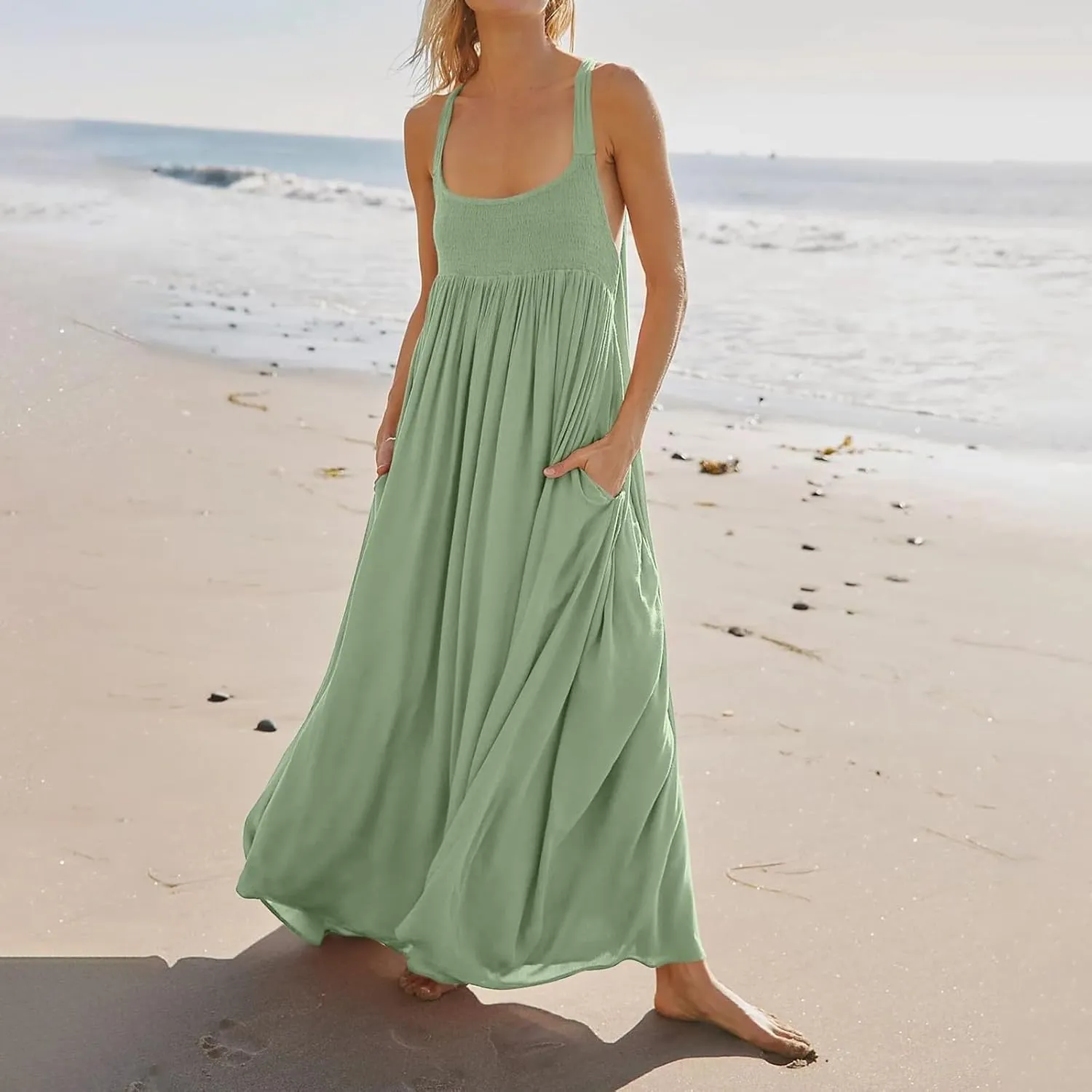 Women Loose Fit Flowy Spaghetti Strap Summer Casual Sleeveless Dress Flowy Long Maxi Beach Vacation Dresses Pockets