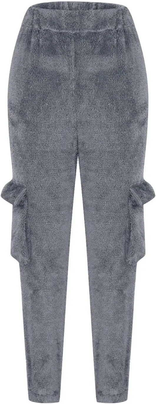 Women Plush Fluffy Pants Cargo Pockets Casual Warm Soft Fleece Elastic Waist Pajama Bottoms Winter Cozy Lounge Pants