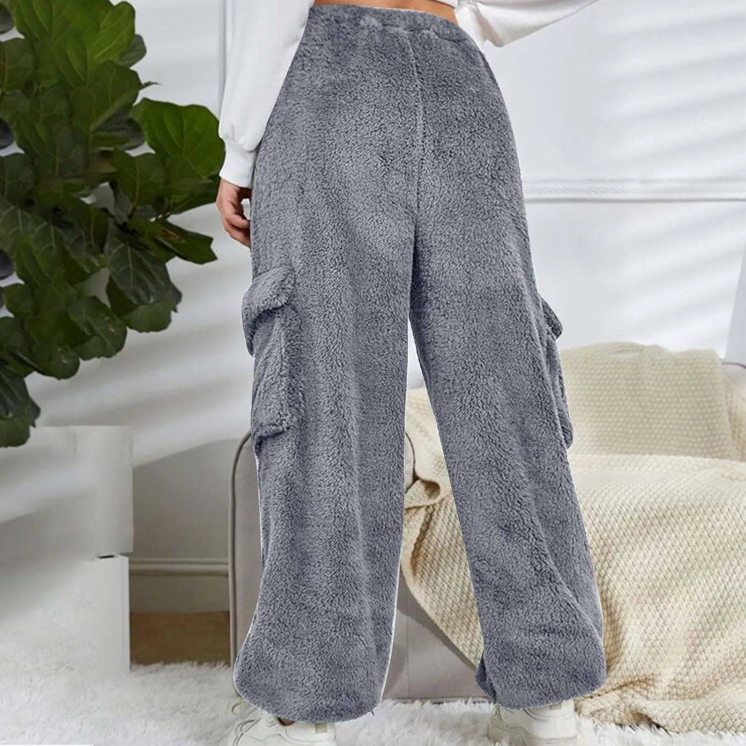 Women Plush Fluffy Pants Cargo Pockets Casual Warm Soft Fleece Elastic Waist Pajama Bottoms Winter Cozy Lounge Pants