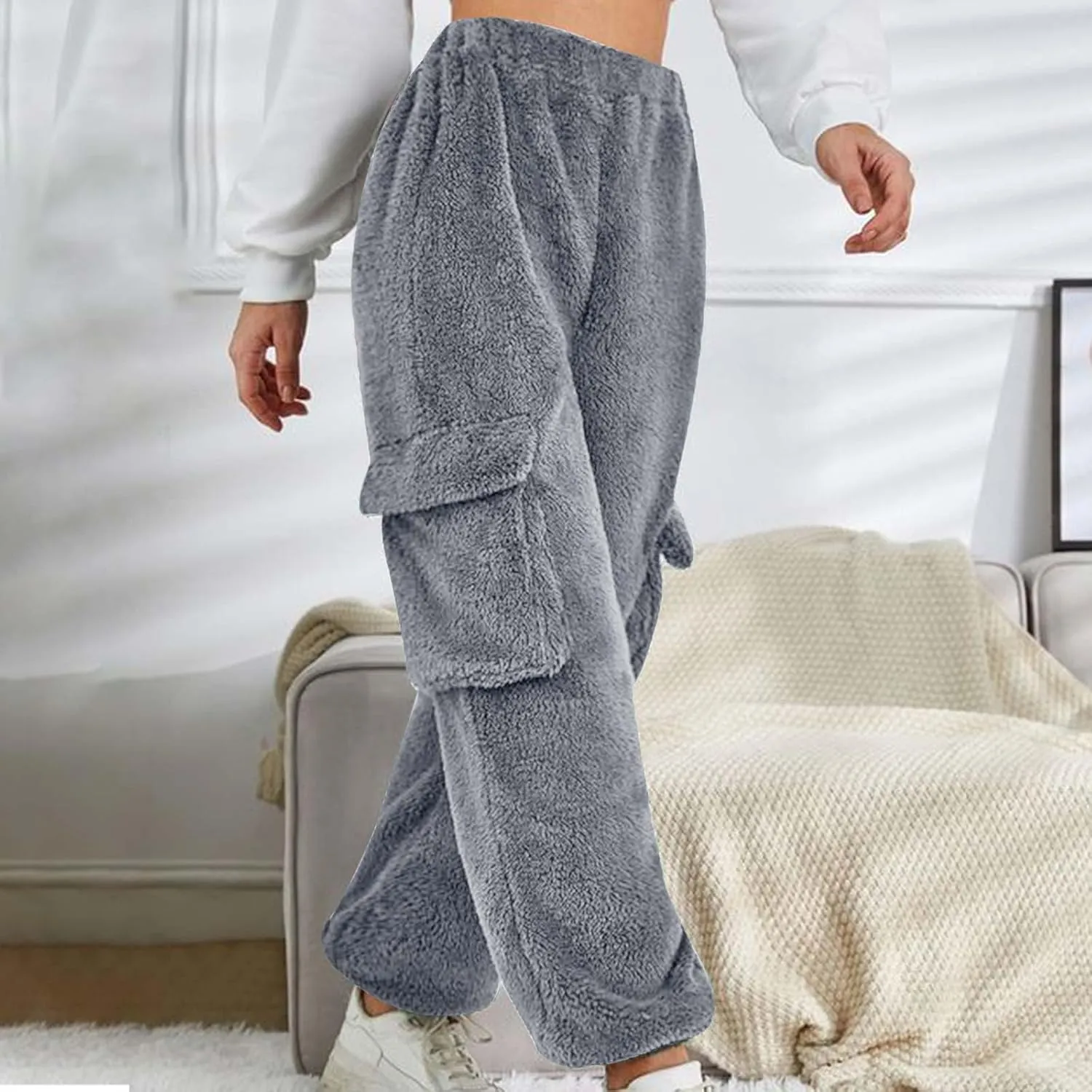 Women Plush Fluffy Pants Cargo Pockets Casual Warm Soft Fleece Elastic Waist Pajama Bottoms Winter Cozy Lounge Pants