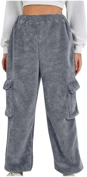 Women Plush Fluffy Pants Cargo Pockets Casual Warm Soft Fleece Elastic Waist Pajama Bottoms Winter Cozy Lounge Pants
