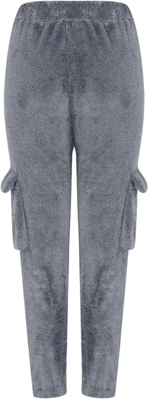 Women Plush Fluffy Pants Cargo Pockets Casual Warm Soft Fleece Elastic Waist Pajama Bottoms Winter Cozy Lounge Pants