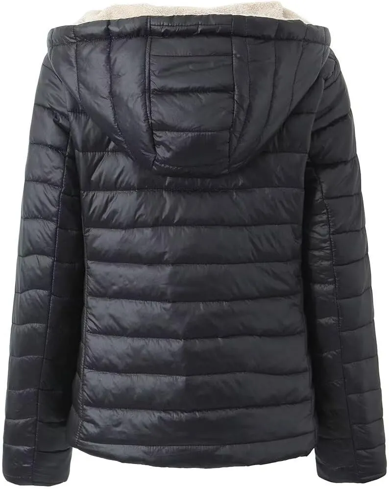 Women Puffer Jacket Lightweight Down Jackets Fleece Quilted Padded Coat Hooded Long Sleeve Zipper Winter Coat Outwear