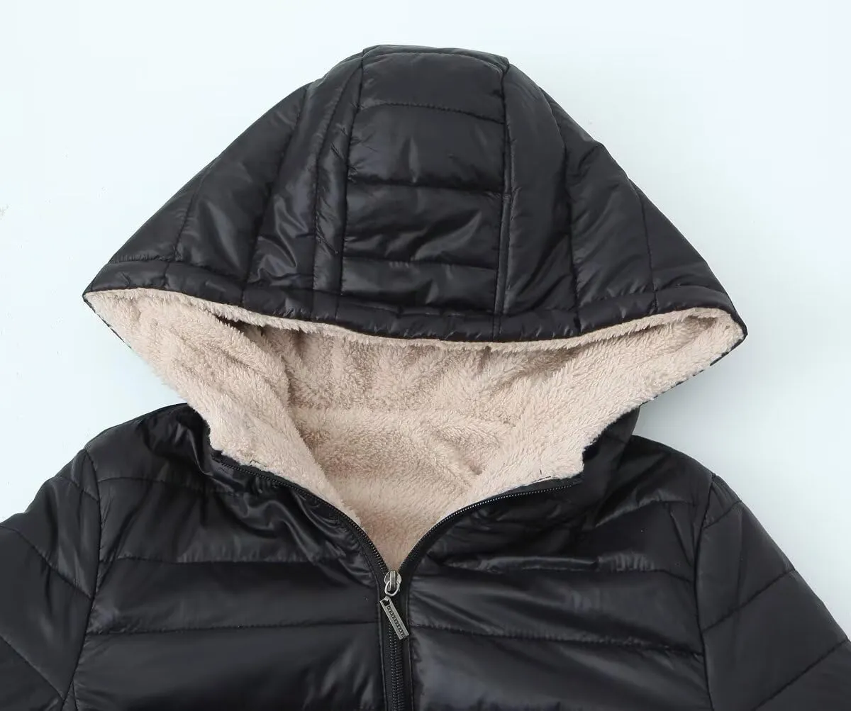Women Puffer Jacket Lightweight Down Jackets Fleece Quilted Padded Coat Hooded Long Sleeve Zipper Winter Coat Outwear