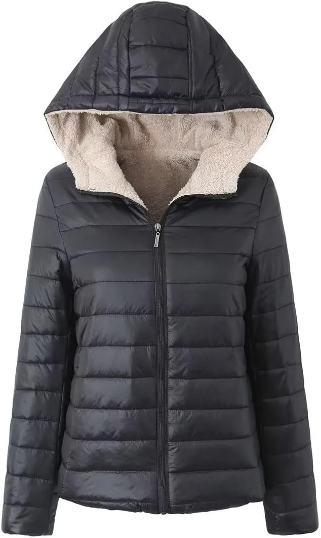 Women Puffer Jacket Lightweight Down Jackets Fleece Quilted Padded Coat Hooded Long Sleeve Zipper Winter Coat Outwear