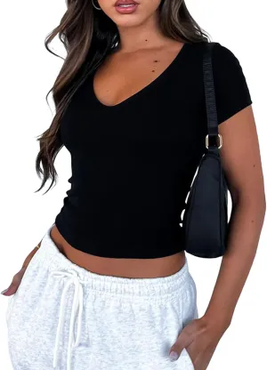 Women Ribbed Short Sleeve Crop Top Solid Color Knit Rib V Neck Summer Basic Aesthetic Slim Fit Tee Shirts Workout Tops