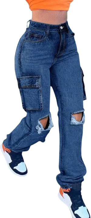 Women Ripped High Waisted Jeans Regular Fit Boyfriend Distressed Denim Pants with Hole Blue